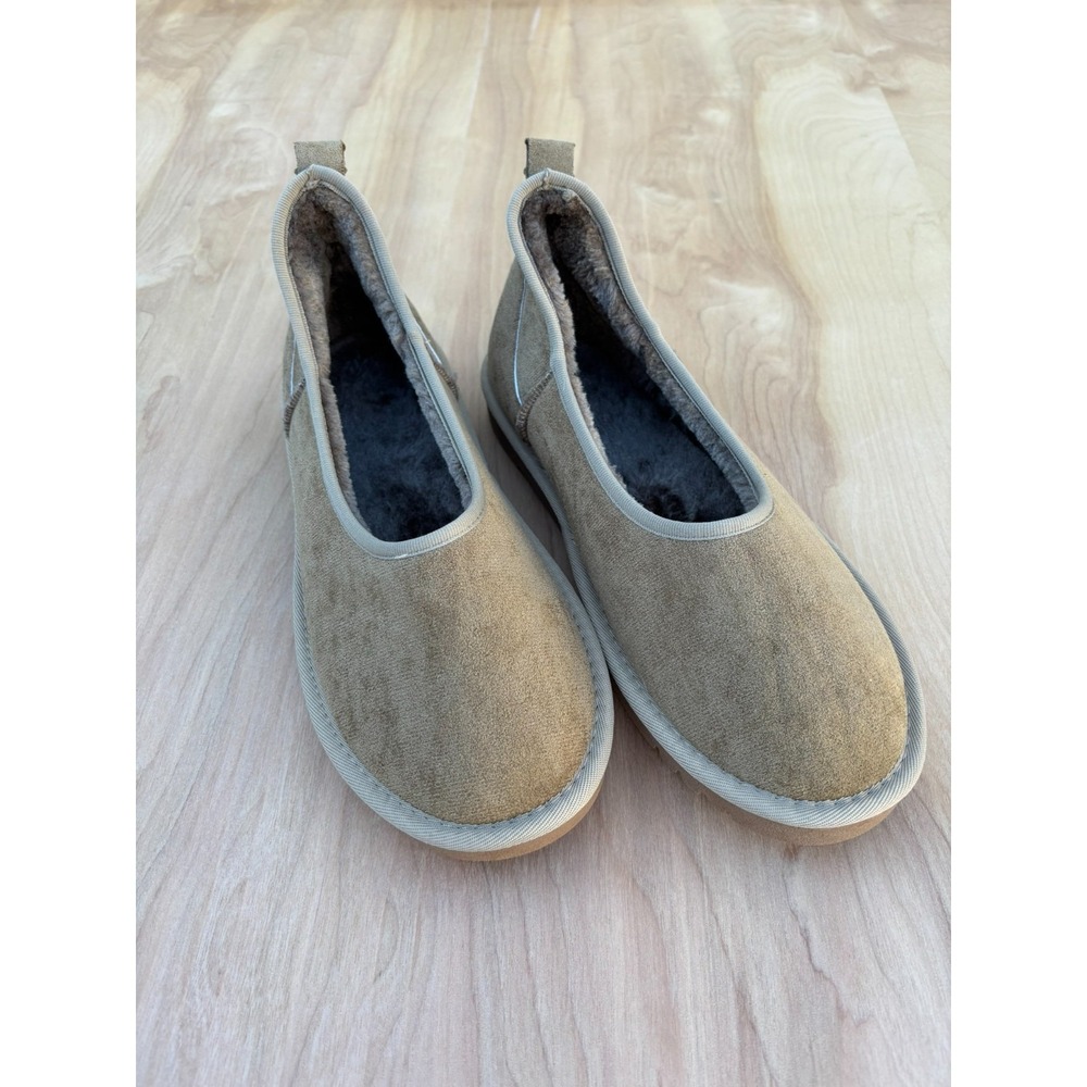 Women's Suede Faux-Fur Lined Slip-On Slippers – Beige, Cozy Indoor Shoes, NEW